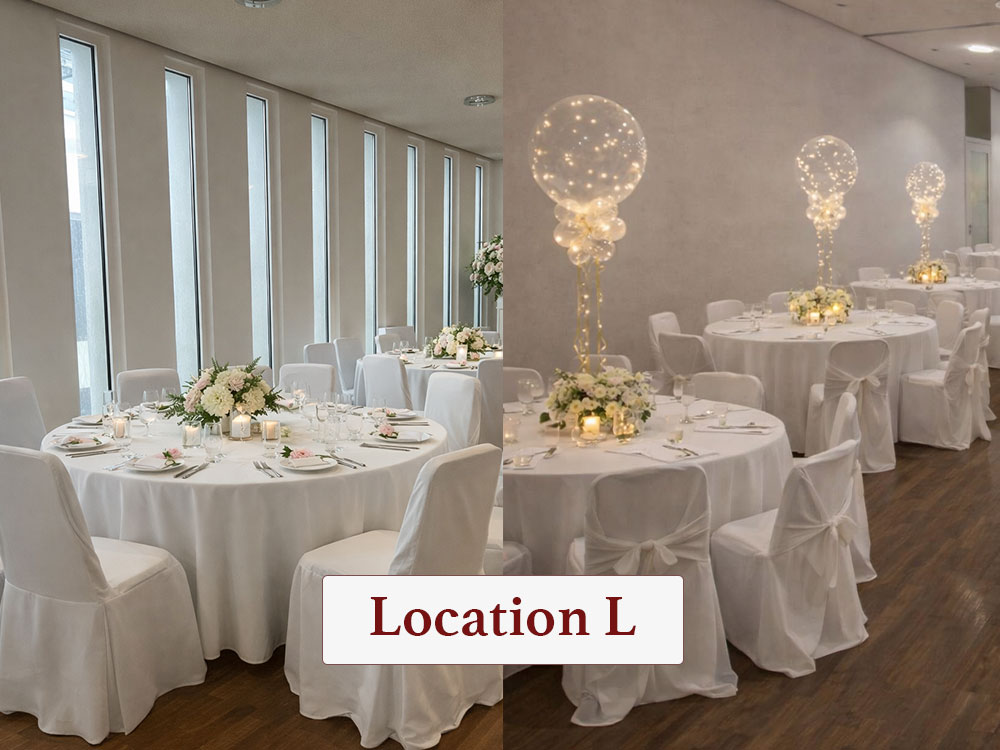 Eingedeckte Tische mit Leuchtballons in der Location L